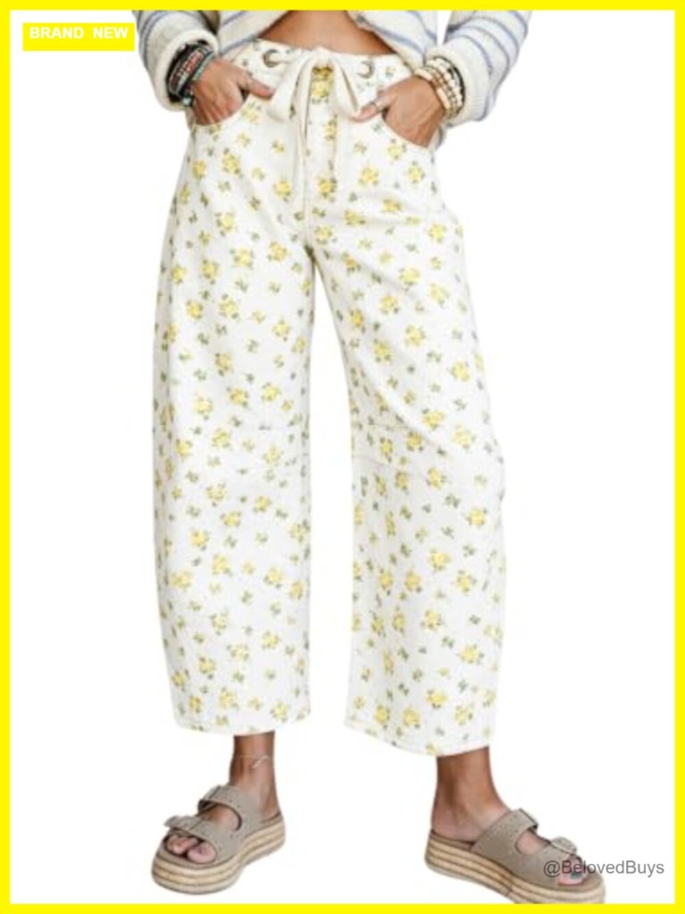 Floral Barrel Leg Cropped Denim Jeans Drawstring Waist Cotton